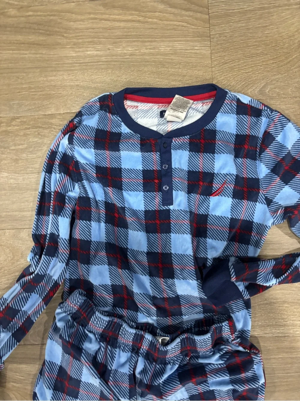 Nautica Blue and Navy Plaid Kids Thermal Pajama Set with Red Accents